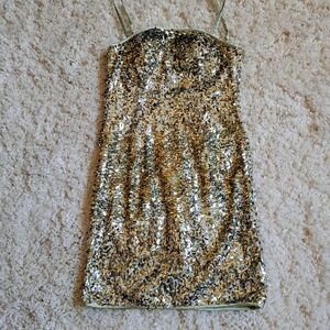 Forever Yours Sage Green Gold Silver Sequin Mini Dress‎ V-Back Homecoming Size 4
